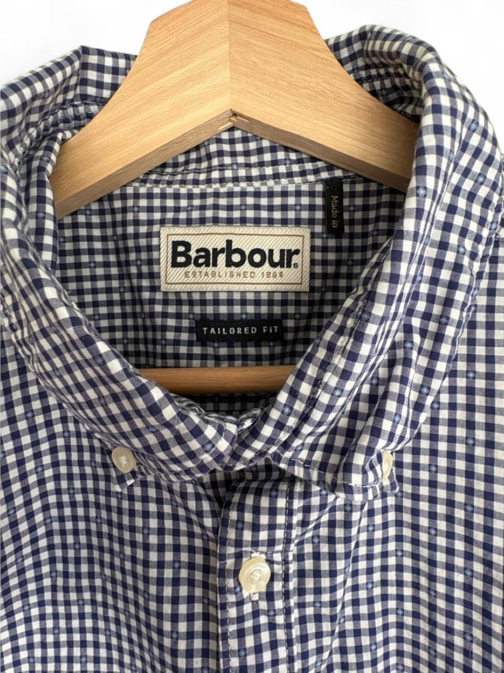 Barbour Tailored Fit Hector Button Down Shirt S Gingham Check Short Sleeve Navy
